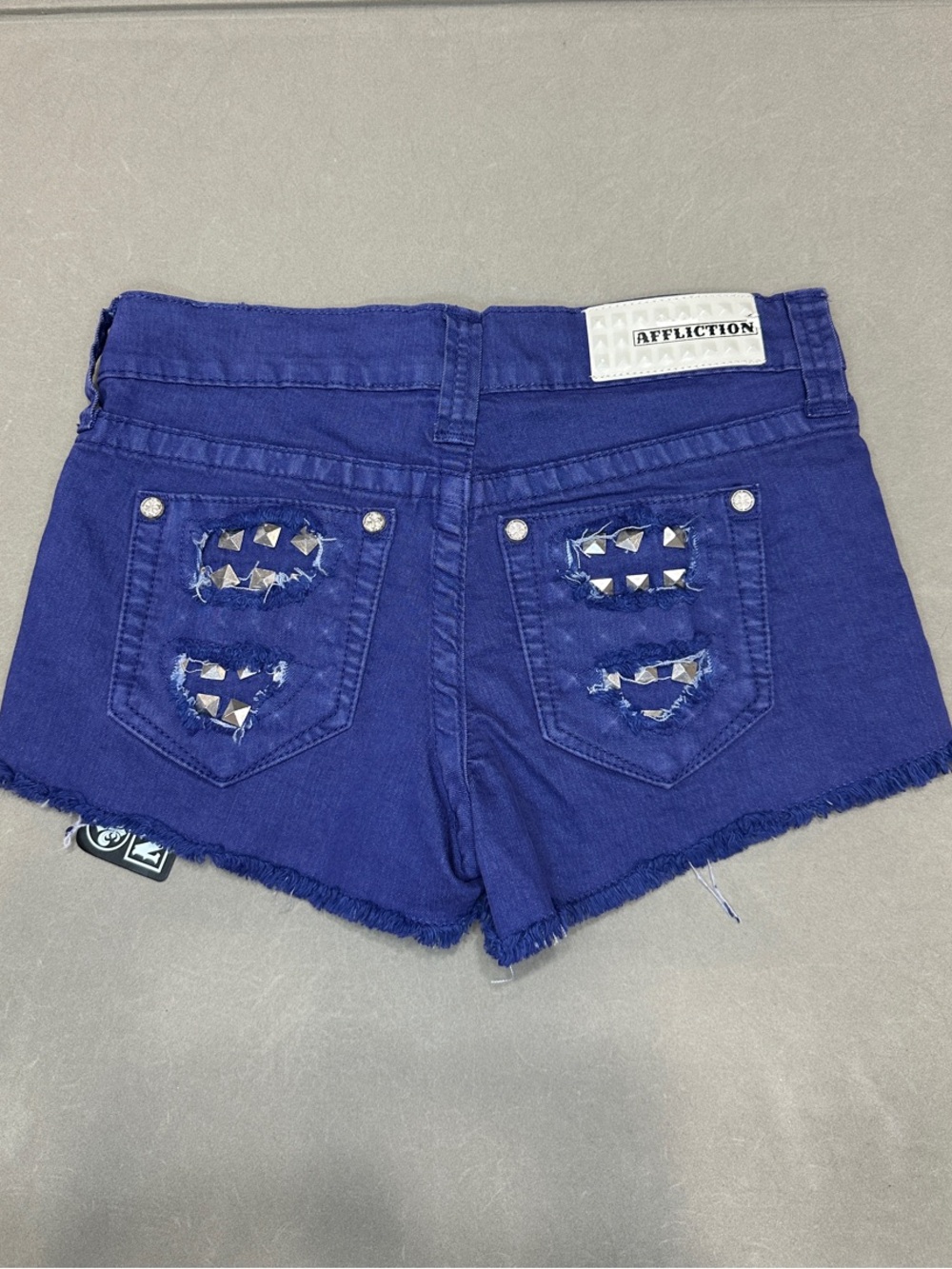 Affliction Women's Vikki Royal Purple Studded Denim Cutoff Shorts -26 * flaw